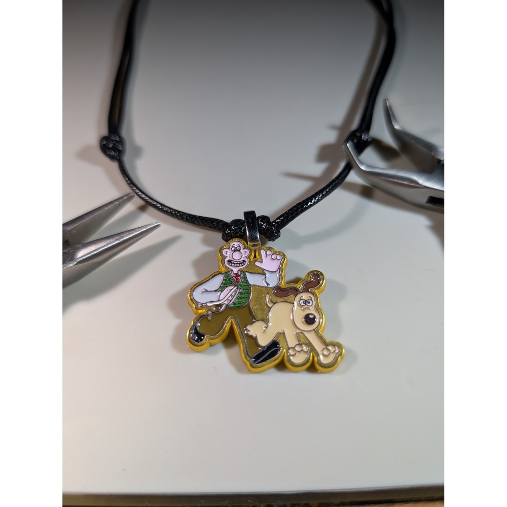 Wallace and Gromit Repurposed Enamel Pin Necklace‎ Adjustable Black Cord Pendant